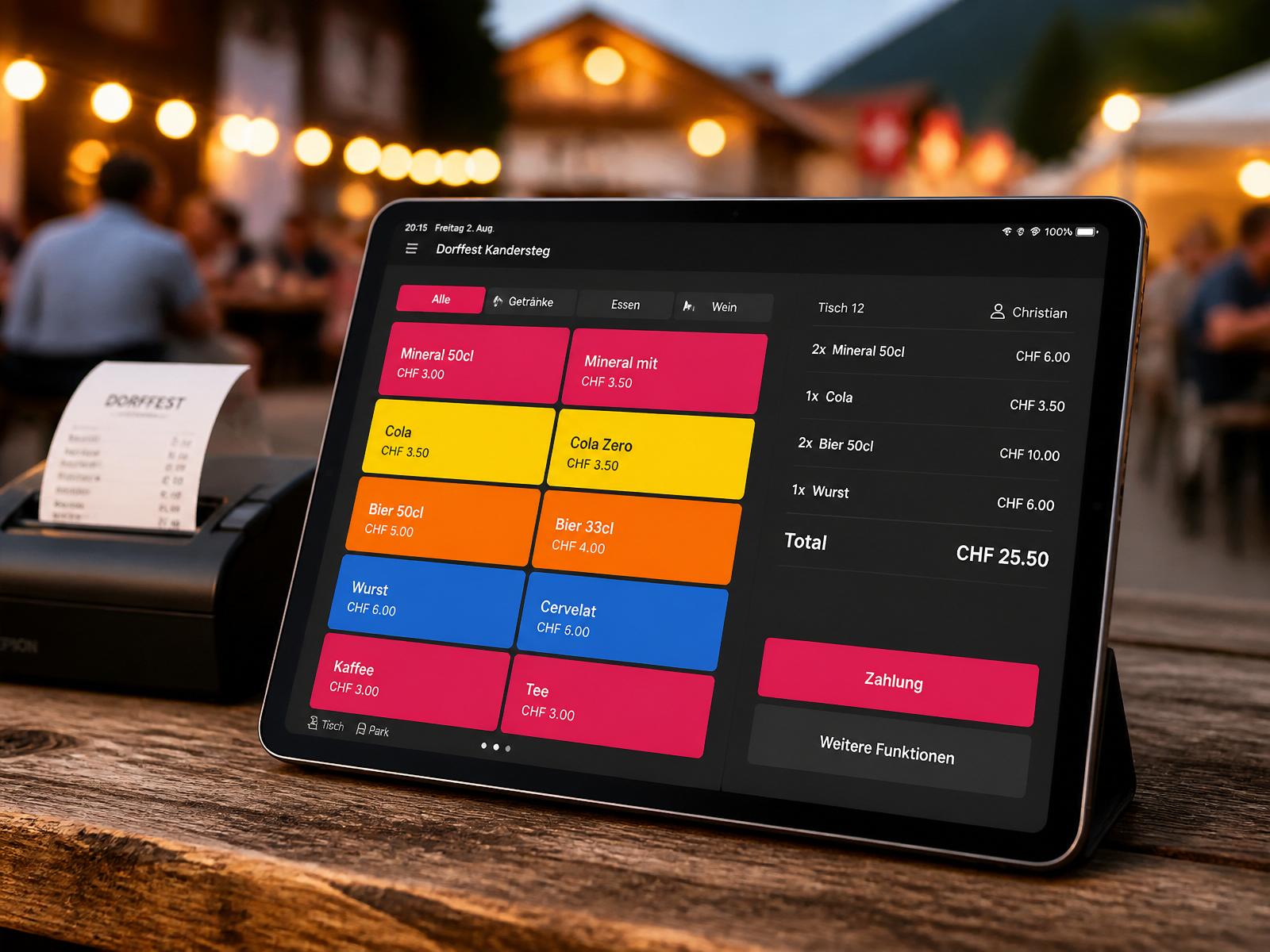 iPad Kassensystem mit bunten Bestellbuttons auf einem Dorffest